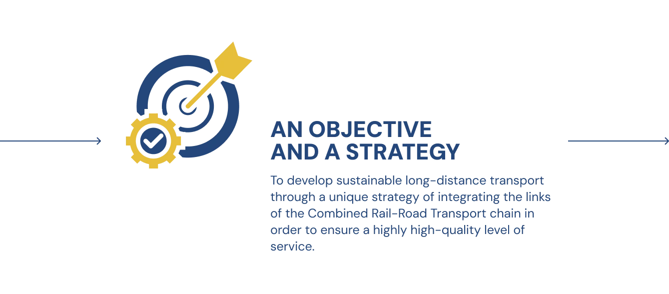 AN OBJECTIVE
AND A STRATEGY To develop sustainable long-distance transport through a unique strategy of integrating the links of the Combined Rail-Road Transport chain in order to ensure a highly high-quality level of service.